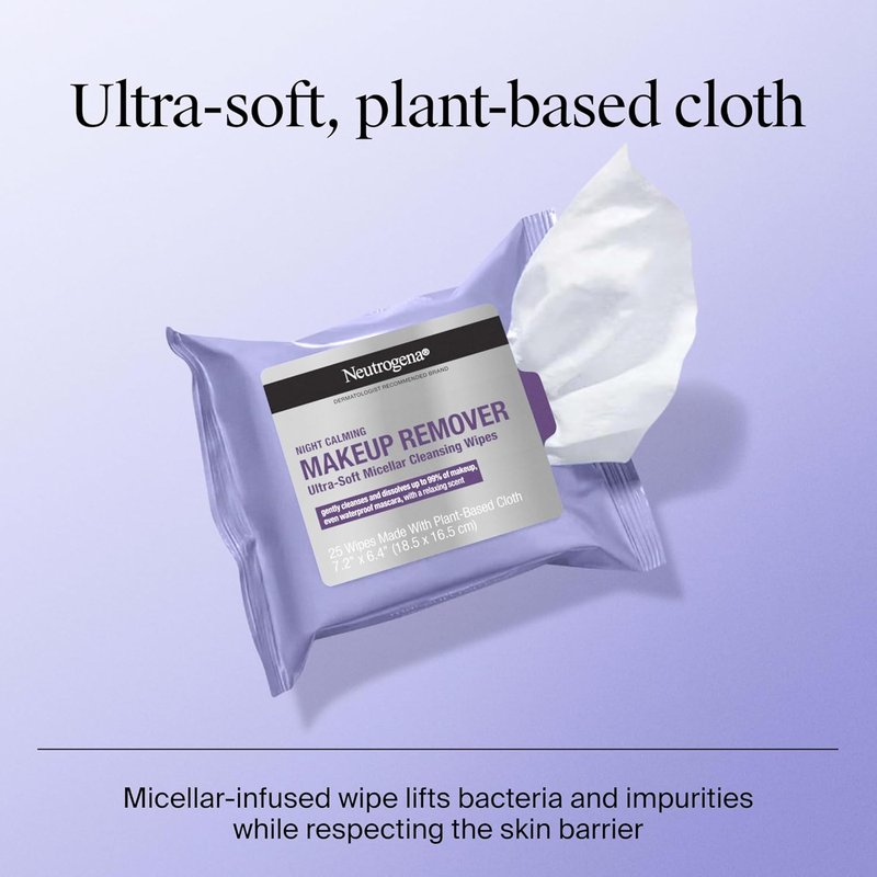 Neutrogena Night Calming Makeup Remover Wipes - Hypoallergenic, Plant-Based Cloth | Twin Pack, 2 x 25 ct