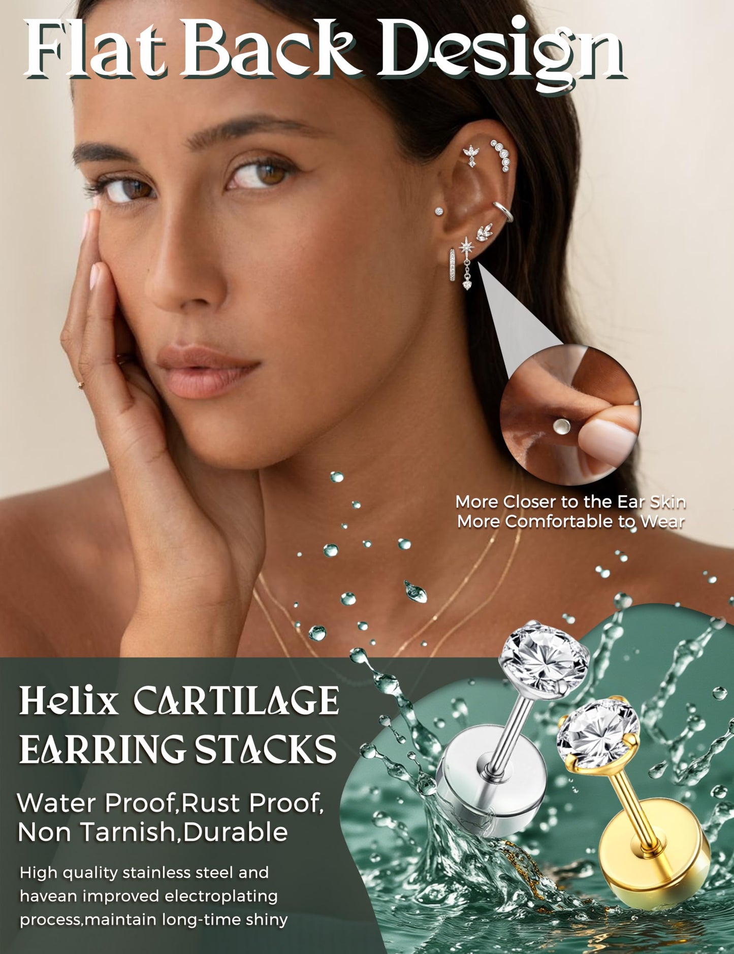 JeryWe 16G Cartilage Earrings for Women Flat Back Earrings Hypoallergenic Surgical Steel Small Flatback Stud Hoop Cartilage Earring Stacks Helix Conch Tragus Daith Piercing Jewelry 14K Gold Plated