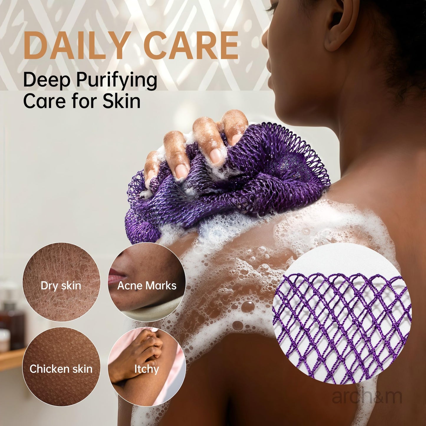 ARCH&M Afroscrub African Net Sponge - Authentic African Wash Cloths Exfoliating Body Sponges for Showering Daily Use Back Scrubber Exfoliator Shower Loofah for Body Bath Accessories Champagne