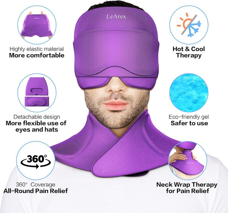 Skiennix 3-in-1 Migraine Relief Cap - Detachable Ice Pack & Eye Masks for Headaches | Purple