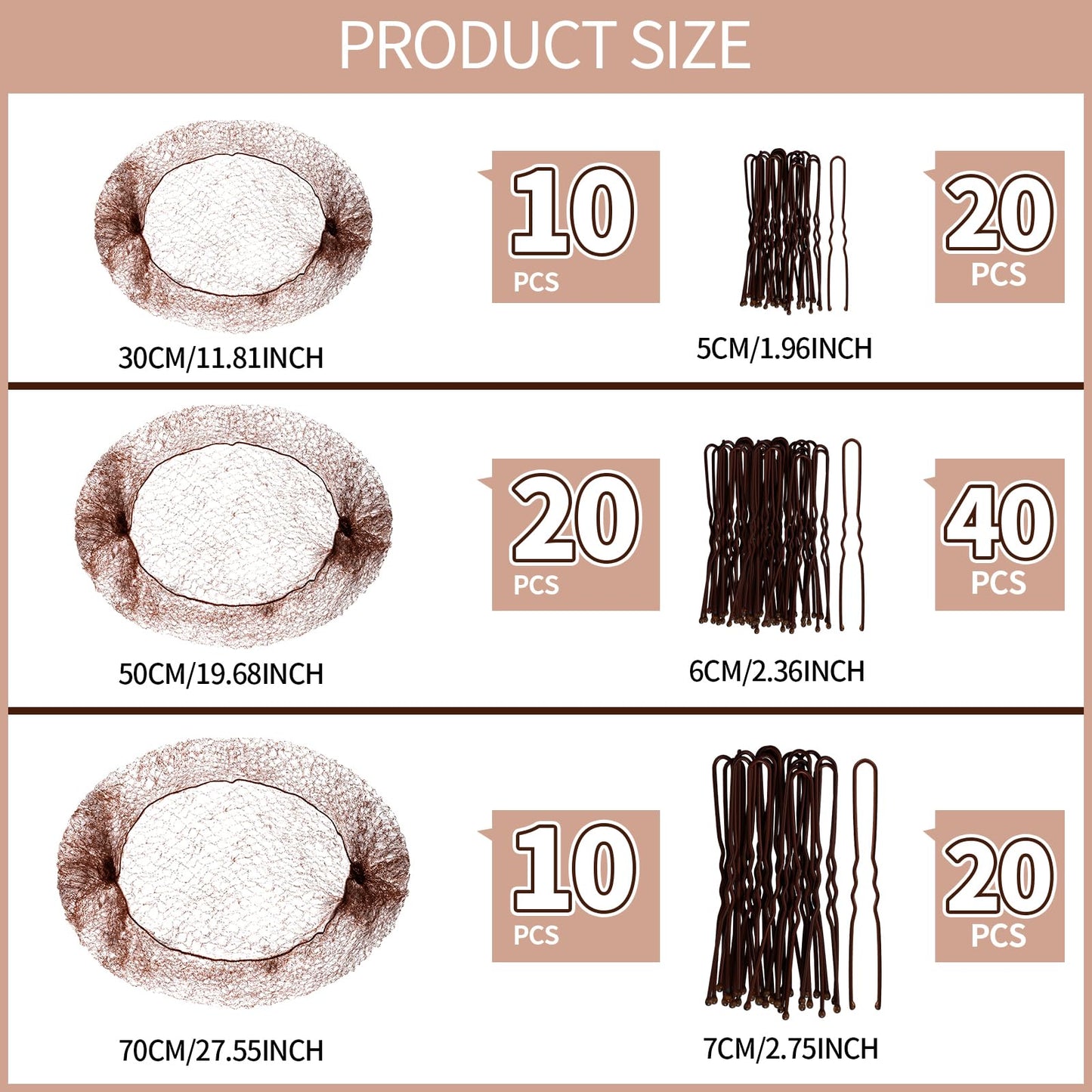 Teenitor Hair Accessories Hair Net Set, Includes 40pcs Invisible Hair Nets for Ballet Recital & 80pcs Bobby Pins for Bun Maker, Brown, 3 Size