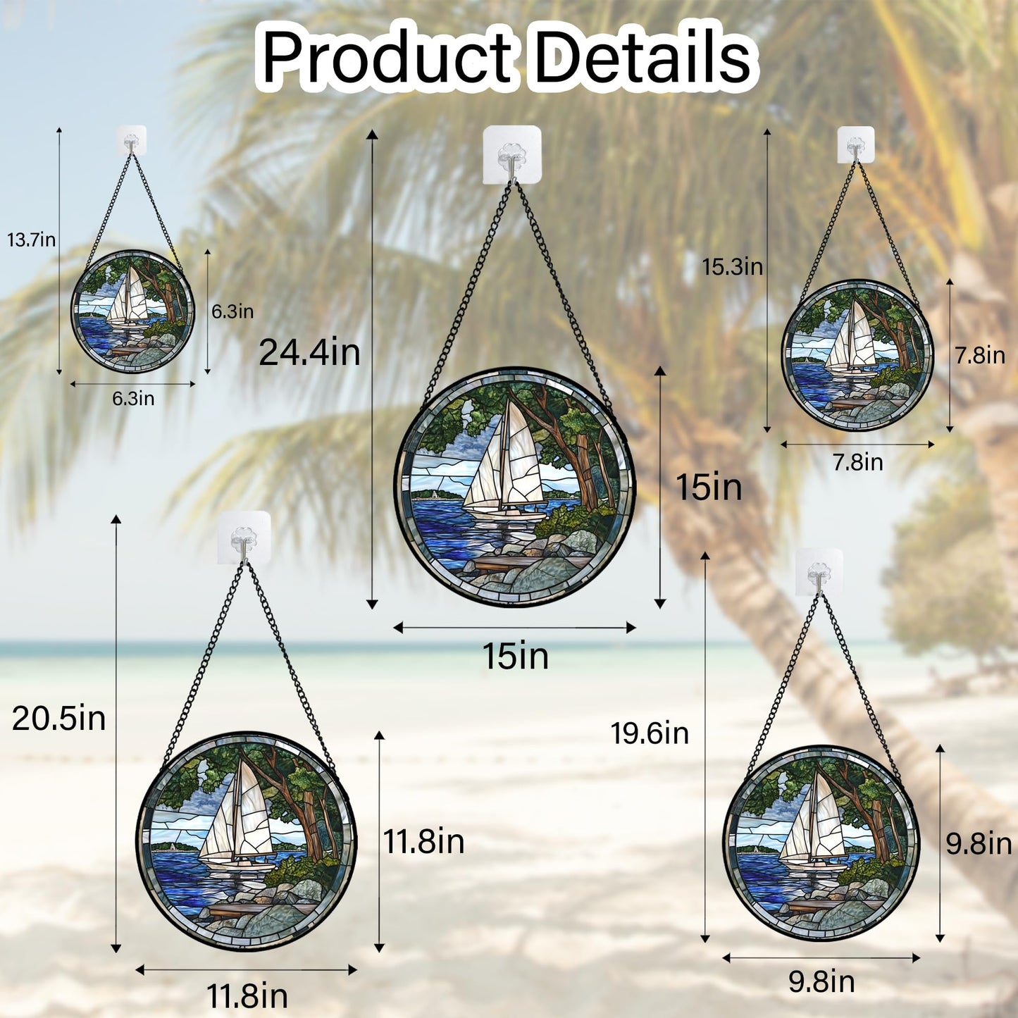 QZQCBLC Stained Glass Window Hanging Blue Ocean White Sailboat Large 15" - Nature Suncatcher Door Garden Sun Catcher Home Decor Birthday Christmas for Woman Mom Men Friend Nana