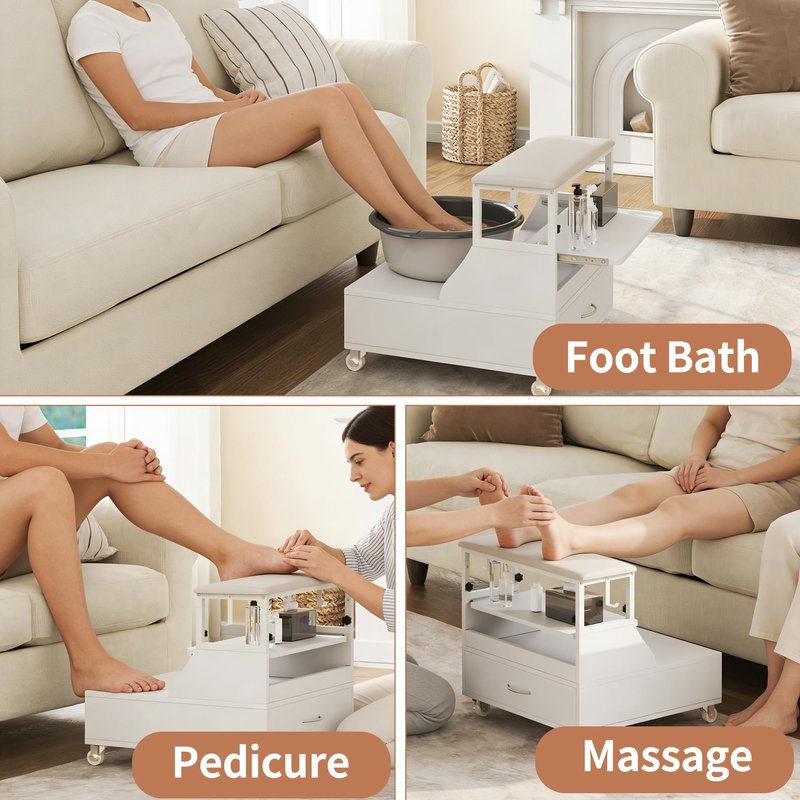 Pedicure Foot Rest with Wheels, Portable Pedicure Stool Adjustable 2-Level Height, Mobile Pedicure Cart Trolley for Foot Bath, Spa Cart, Manicure Furniture for Beauty Salon or Spa, Massage Station