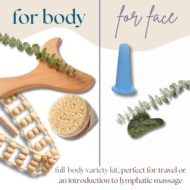 Abundantly Made Co. 7-Piece Lymphatic Drainage Massage Kit | Dry Brush, Wooden Paddle, Rope Roller, Jade Gua Sha, Silicone Cup, Linen Bag & E-Book | Wood Therapy, Maderoterapia & Body Sculpting Tools