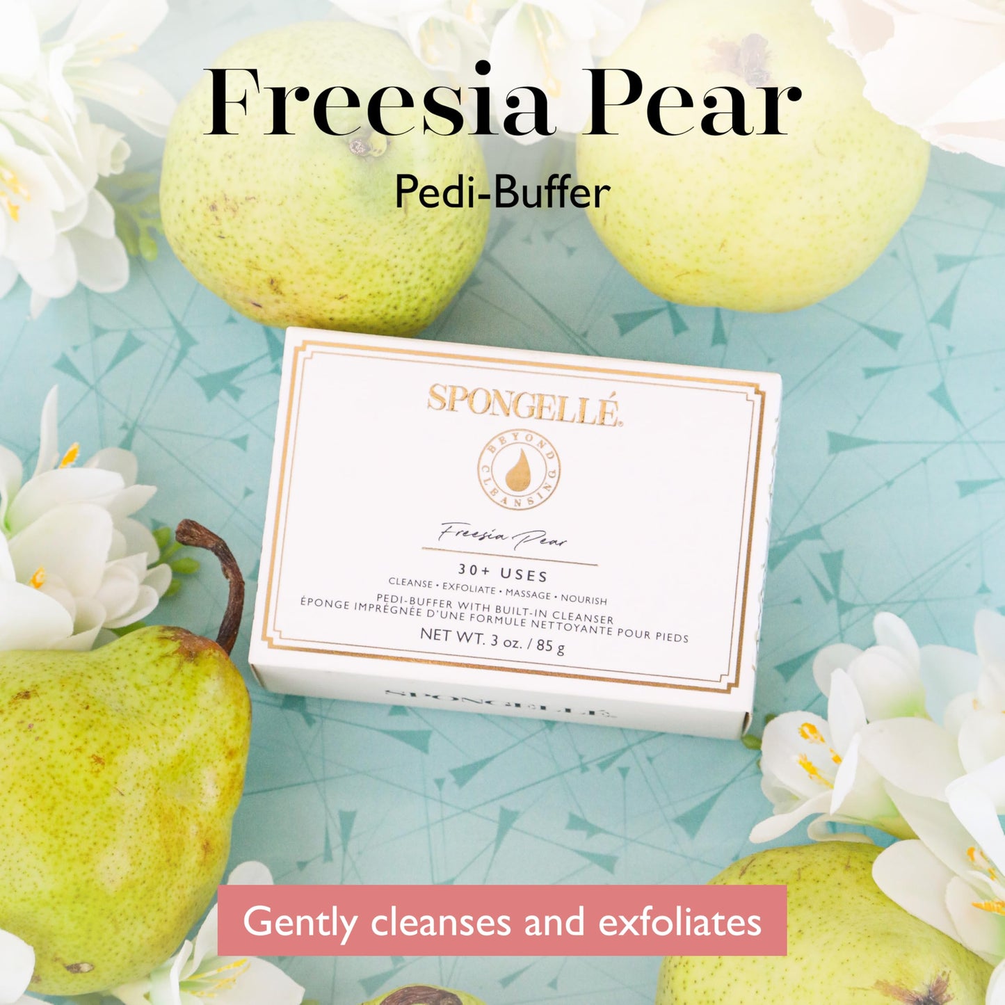 Spongellé Freesia Pear Pedi Buffer Bath Sponge | Exfoliating Foot & Heel Scrub | Cleanse, Exfoliate, and Nourish in One Easy Step | Cruelty-Free, Vegan, Dermatologist-Tested, Made in USA | 30+ uses