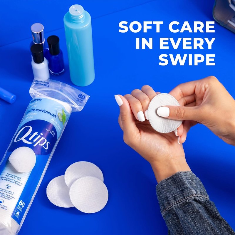 Q-tips Cotton Rounds - Premium Lint-Free Makeup Remover Pads | 100% Cotton, 80 Count for Skin Care