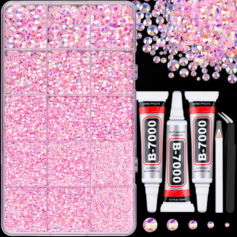 16000Pcs Resin Jelly Rhinestones for Crafting, Light Pink AB Flatback Gems, Bedazzling Crystal with 3Pcs 10ml B7000 Jewelry Glue for DIY Crafts Clothing Tumblers Shoes Fabric Nail Art