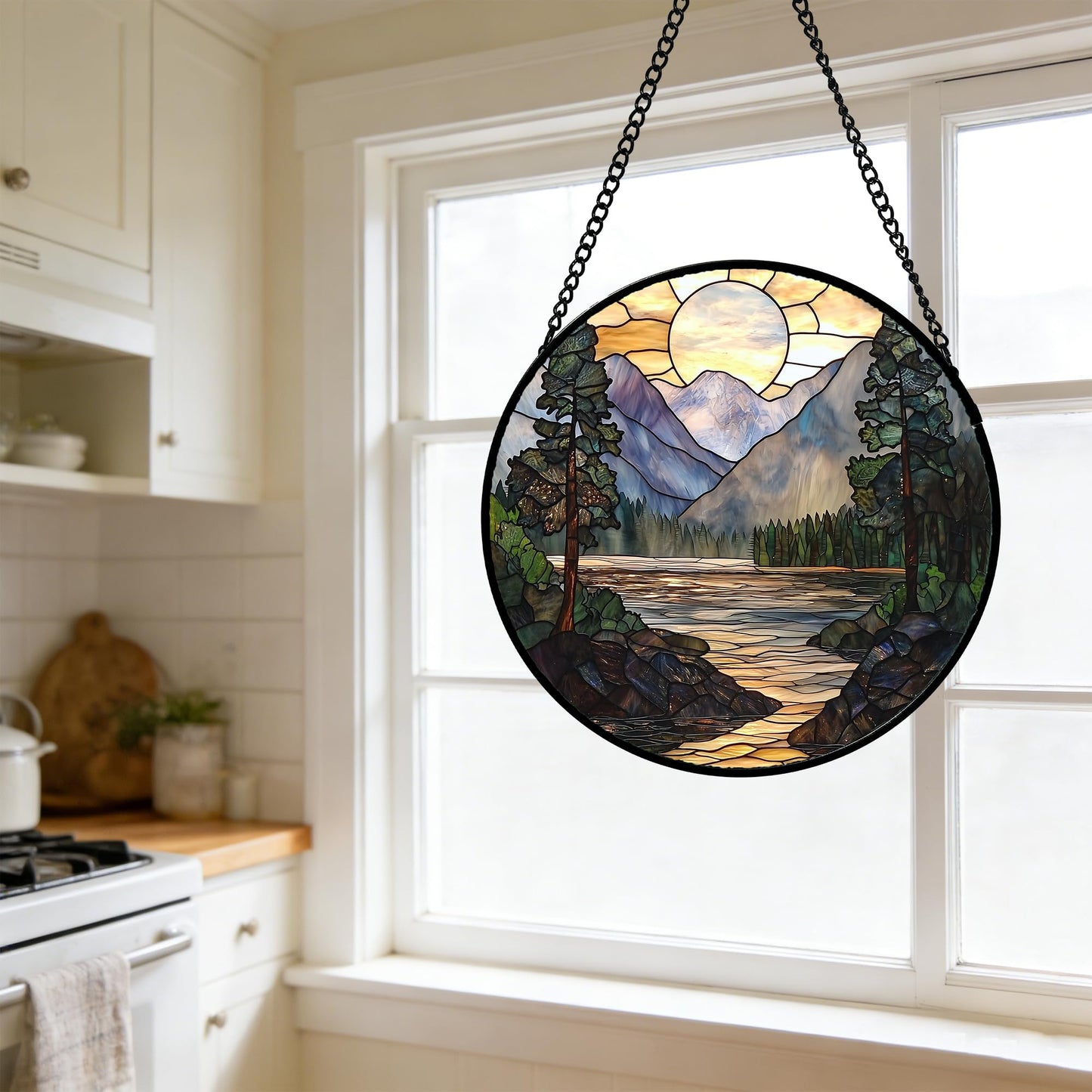 AMDERVEN Stained Glass Window Hanging, Sunset Mountains Lake Tree Sun Catcher for Window Home Decor Landscape Suncatcher Mother's Day Birthday Gifts for Women Men Mom and Nana 15 in