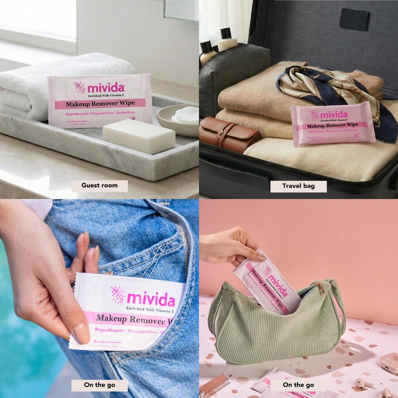 mivida 40 Count Hypoallergenic makeup wipes individually wrapped with Vitamin E | Dermatologist Tested Face Wipes | Alcohol-Free, Fragrance Free individual makeup remover wipes for Sensitive Skin