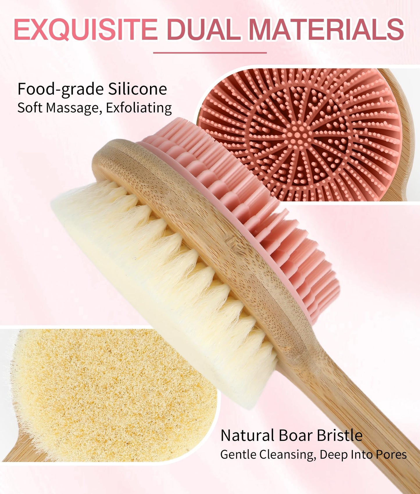 EaTubano Back Scrubber for Shower - Double-Sided Silicone and Super-Dense Bristles for Deep Cleaning & Exfoliation, Bamboo Long Handle with Wider Anti-Slip Grip, Rich Foam, Durable (Pink)