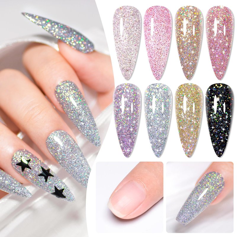 Four Lily Reflective Glitter Gel Nail Polish Set of 8 Colors Pink Red Black Silver Shimmer Sparkle Gel Polish Collection Kit LED Soak Off Nail Polish Manicure Art Gel Kit Home DIY Nail Salon