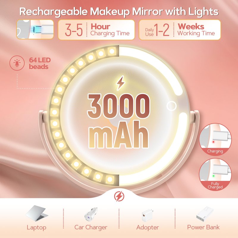 B Beauty Planet Makeup Mirror with Lights, Lighted Magnifying Mirror 30X with 3 Lighting and Adjustable Brightness, 2-Sided Height Adjustable Vanity Mirror for Bathroom, Gifts for Women Pink
