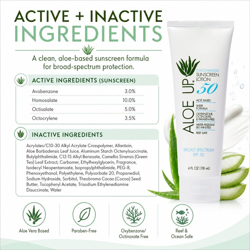 Aloe Up White Collection SPF 50 | Sunscreen Lotion for Face & Body with Aloe Vera Gel | Water Resistant up to 80 Minutes | Reef Friendly, Non Greasy, Fast Absorbing | Coco Mango Fragrance 4 Oz