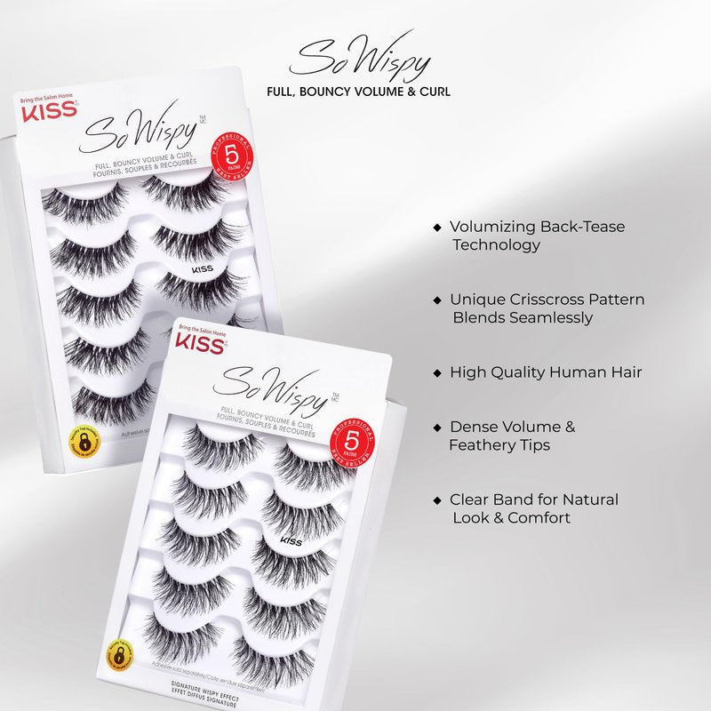 KISS So Wispy, False Eyelashes, 'Pompadour', 16mm, Includes 5 Pairs Of Lashes, Easy to Apply, Reusable Lash Clusters
