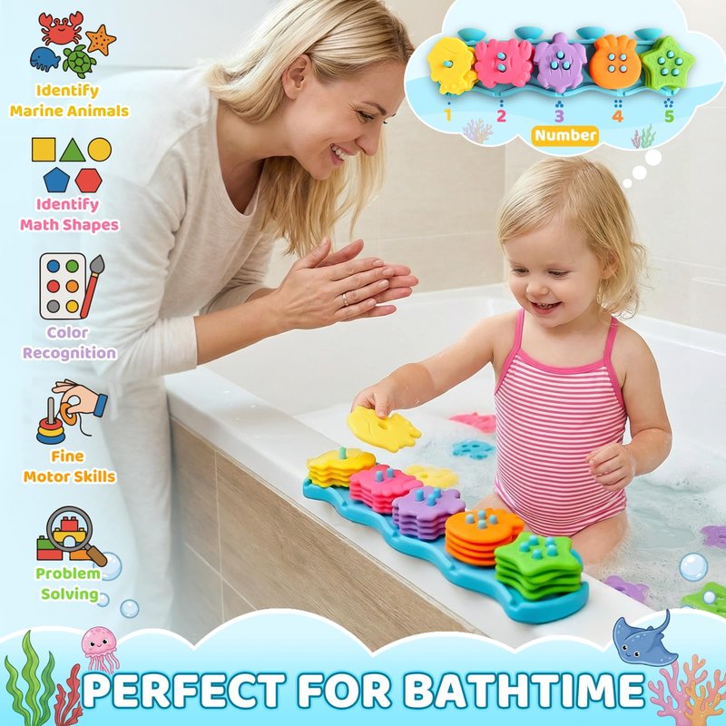 Baby Bath Toys for Kids Ages 1-3 Mold Free Bath Toys Toddlers 2-4 Silicone 21 PCS Ocean Shape Sorters for Toddlers 1-3 Stacking Bathtub Suction Water Play Toys for Toddlers 3-5 Boy Girl Early Learning