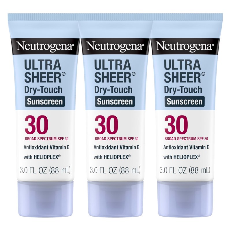 Neutrogena Ultra Sheer Dry-Touch Sunscreen SPF 30 for Face & Body, Lightweight Non Greasy, Broad Spectrum UVA/UVB, No White Cast, Water Resistant (80 Min) Travel Sunscreen Lotion, 3 fl oz, Pack of 3