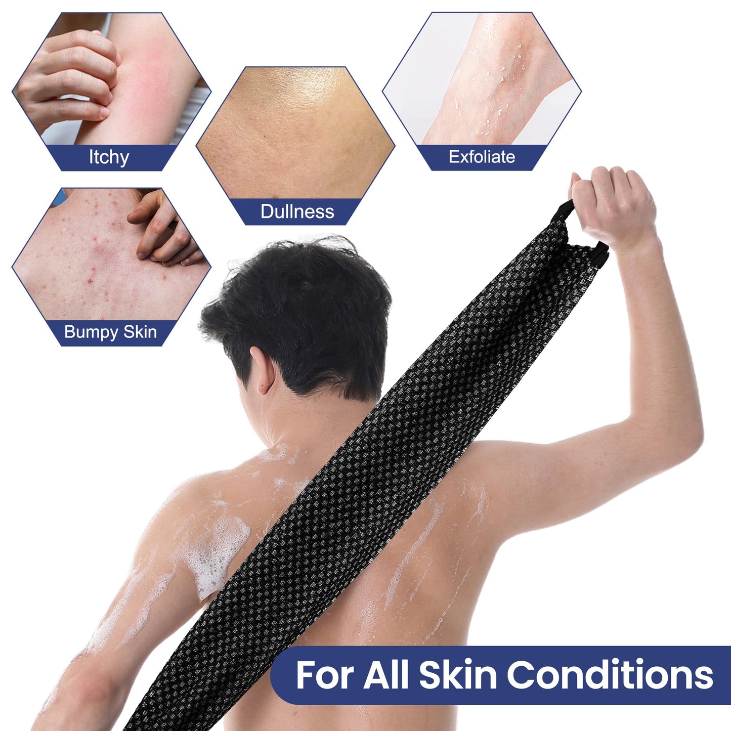 GREEN POMELO Japanese Exfoliating Loofah Back Scrubber - Shower Bath Towel for Men & Women (2 Pack Black, 33.4" x 11.8")