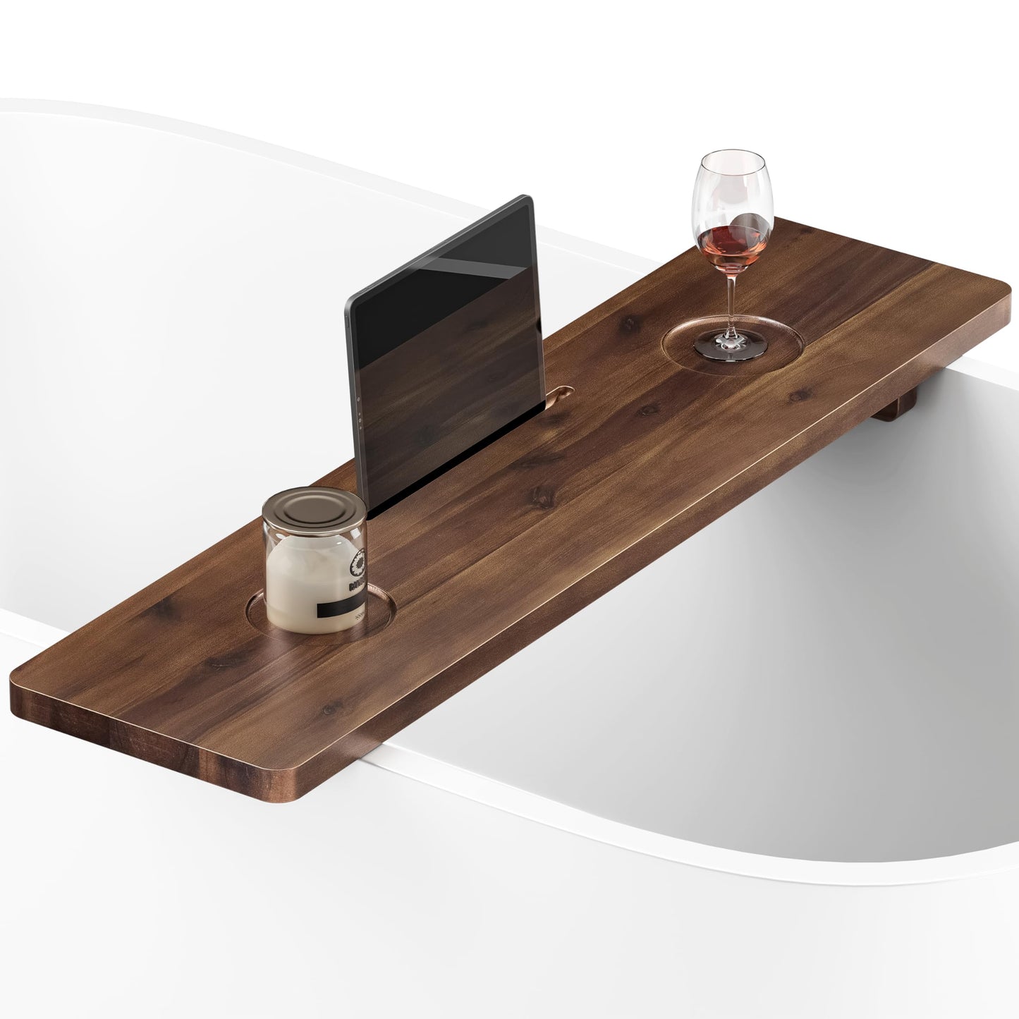 Tinamo 35”L Wooden Bathtub Tray, Bathtub Caddy Tray For Tub with Tablet Slot & Wine Holder - Acacia Bath Tray For Tub, Bath Table - Bathtub Tray Table with Adjustable Legs (Walnut color, 35"x 9"x2.5")