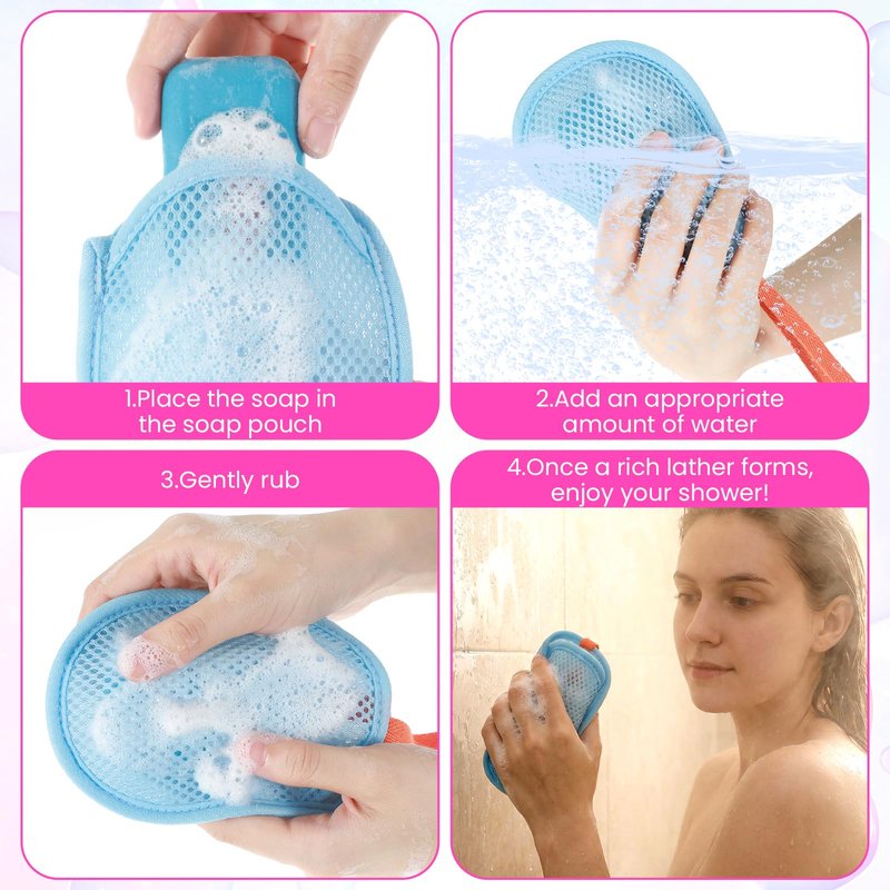 4 Pcs Mesh Soap Bag, Exfoliating Soap Pouch, Soaps Loofah Pouch for Women and Men, Bar Soaps Scrubber Pouches for Shower Bathing Accessories (Blue, Pink, Green, Khaki)