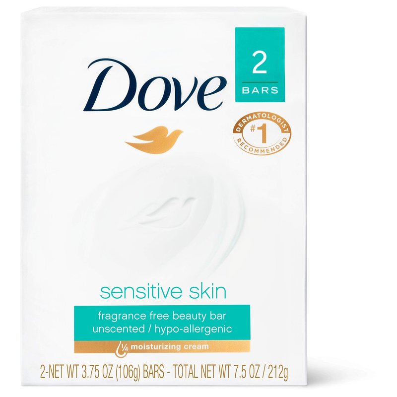 Dove Moisturizing Beauty Bar for Softer Skin, Fragrance-Free, Hypoallergenic Beauty Bar Sensitive Skin Effectively Washes Away Bacteria While Nourishing Your Skin 3.75 oz 2 Bars