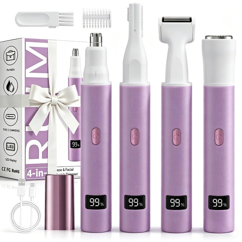 RUIM Electric Nose Hair Trimmer for Women, 4-in-1 Painless Facial Grooming Kit with Eyebrow Trimmer, Nose & Ear Trimmer, Facial Shaver - USB-C Rechargeable, Waterproof, LED Display