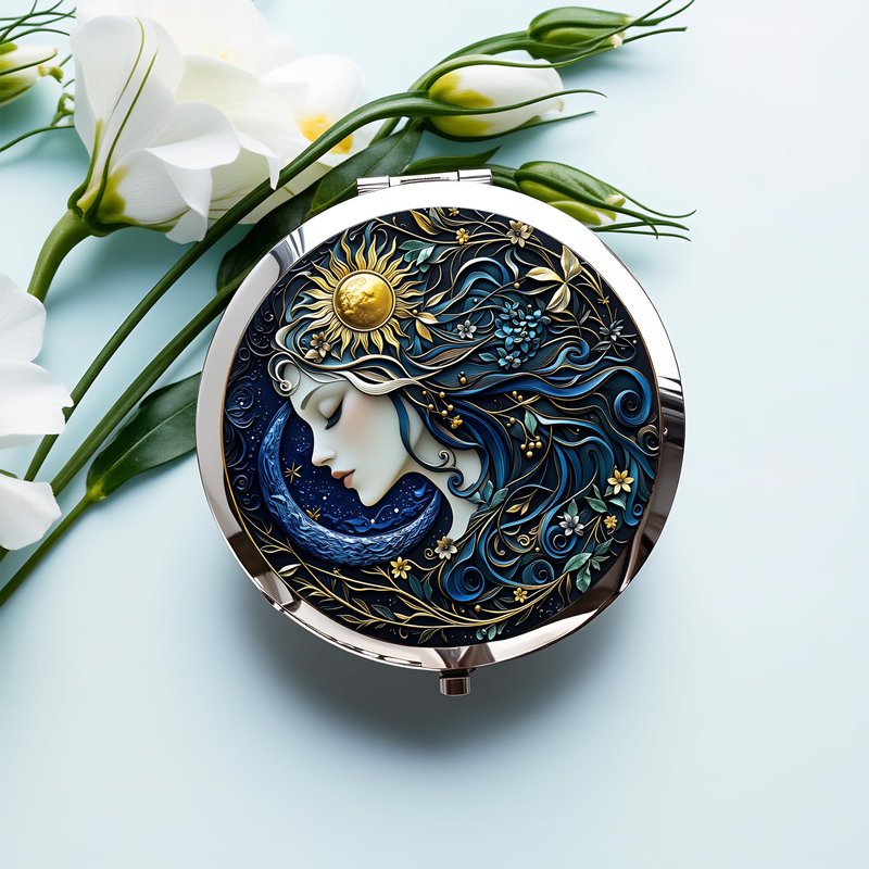 Silver Compact Mirror, 2.8x2.8inch Double-Sided Folding Makeup Mirror with Sun Moon Goddess Design, Ideal Gift for Women