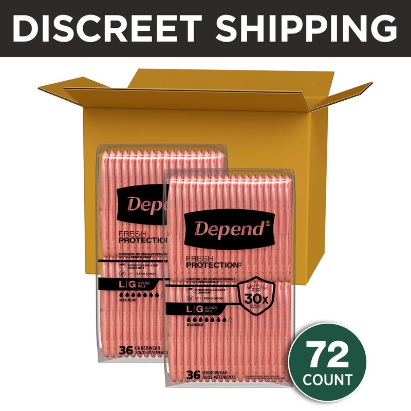 Depend Fresh Protection Adult Diapers, Incontinence Underwear for Women, Disposable, Maximum, Large, Blush, 72 Count (2 Packs of 36), Packaging May Vary