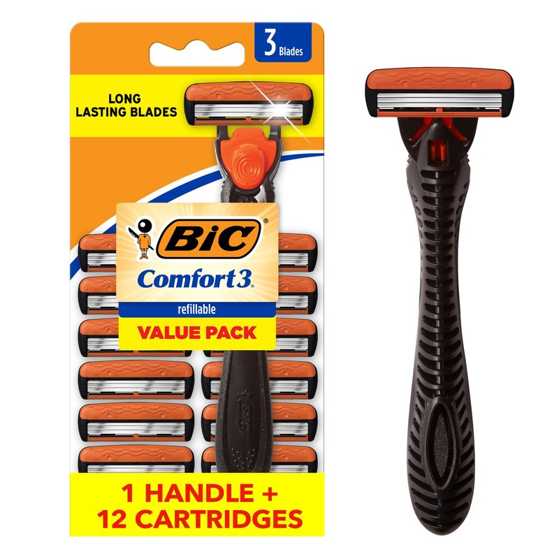 BIC Comfort 3 Men's Refillable 3-Blade Razors with 1 Handle and 12 Cartridges, Smooth Shave Razor Set for Men