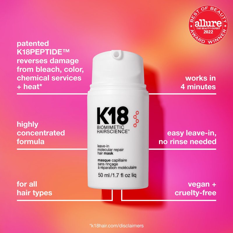 K18 Leave-In Molecular Repair Hair Mask, Patented, Lasting Repair For Dry, Frizzy, Damaged Hair, Reverse Damage In 4 Minutes From Bleach, Color, Chemical Services + Heat (50 ml / 1.7 fl oz)