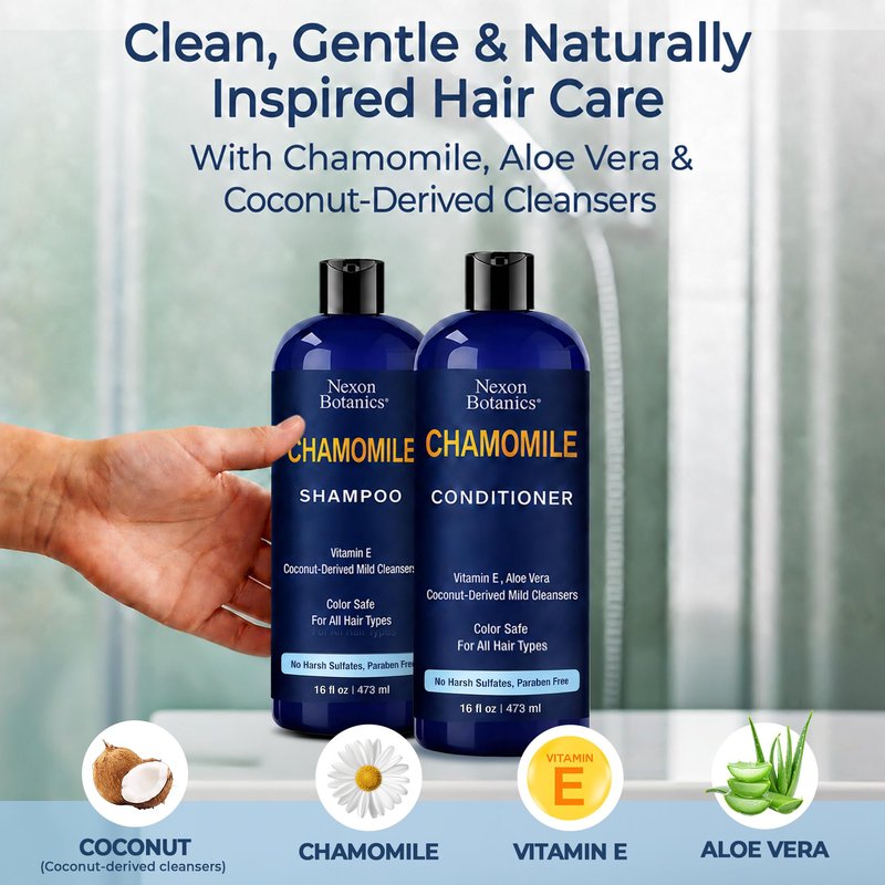 Chamomile Shampoo and Conditioner Set 16 fl oz - No Harsh Sulfates, Clarifying for Oily Dry and Frizzy Hair - Color Safe - Champu de Manzanilla - Nexon Botanics