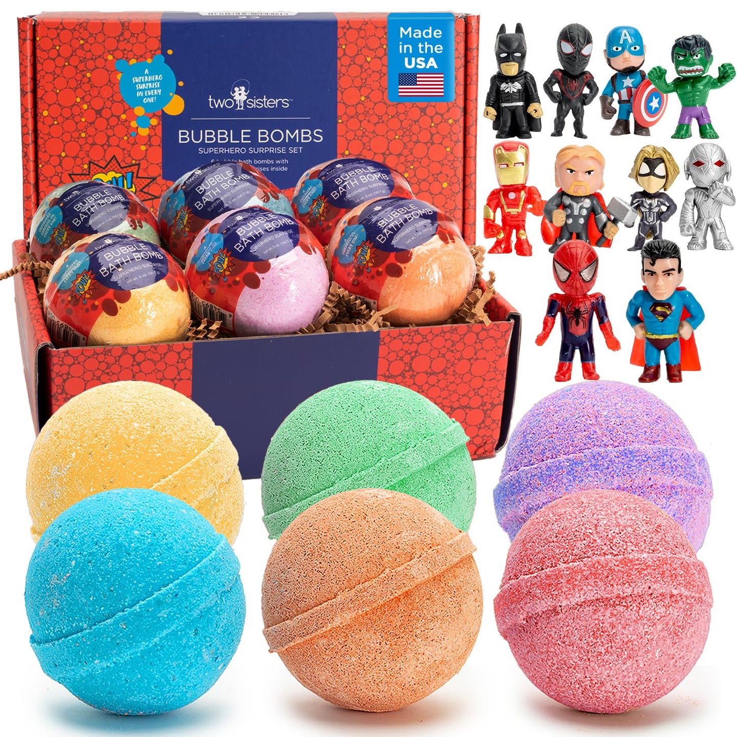 Superhero Bath Bombs for Kids with Surprise Toys Inside (6 Pack) - Large Bubble Bomb Fizzies for Boys, Girls, & Toddlers - Birthday Gift for Kids - Fruity Scent, USA Made by Two Sisters