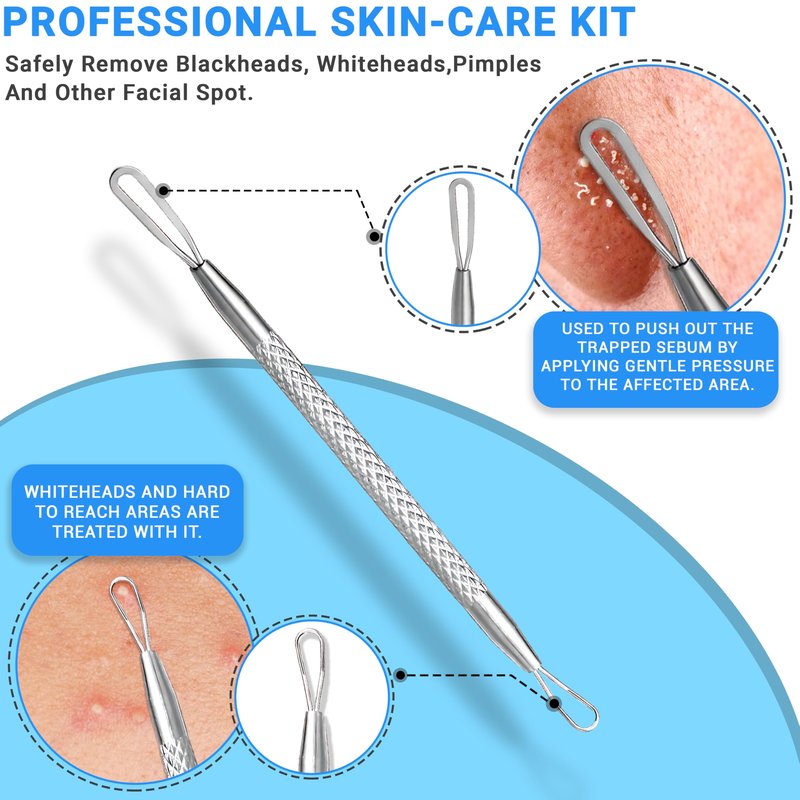 EFAH Care 2Pcs Stainless Steel Pimple Extractor Acne Treatment Tool Surgical Blemish Grade Blackhead Remover Perfect for face and Nose Easy to Clean (Silver)