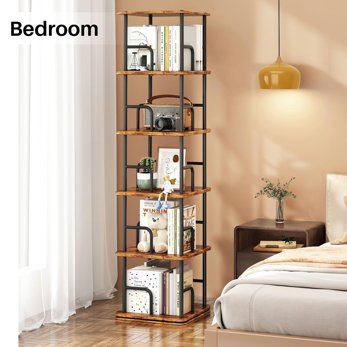 Branwick Rotating Bookshelf 5 Tier 360° Accessibility, Revolving Bookcase Spinning Bookshelf Tower, Wood Narrow Space Saving Book Shelf Organizer for Bedroom, Living Room, Study Room