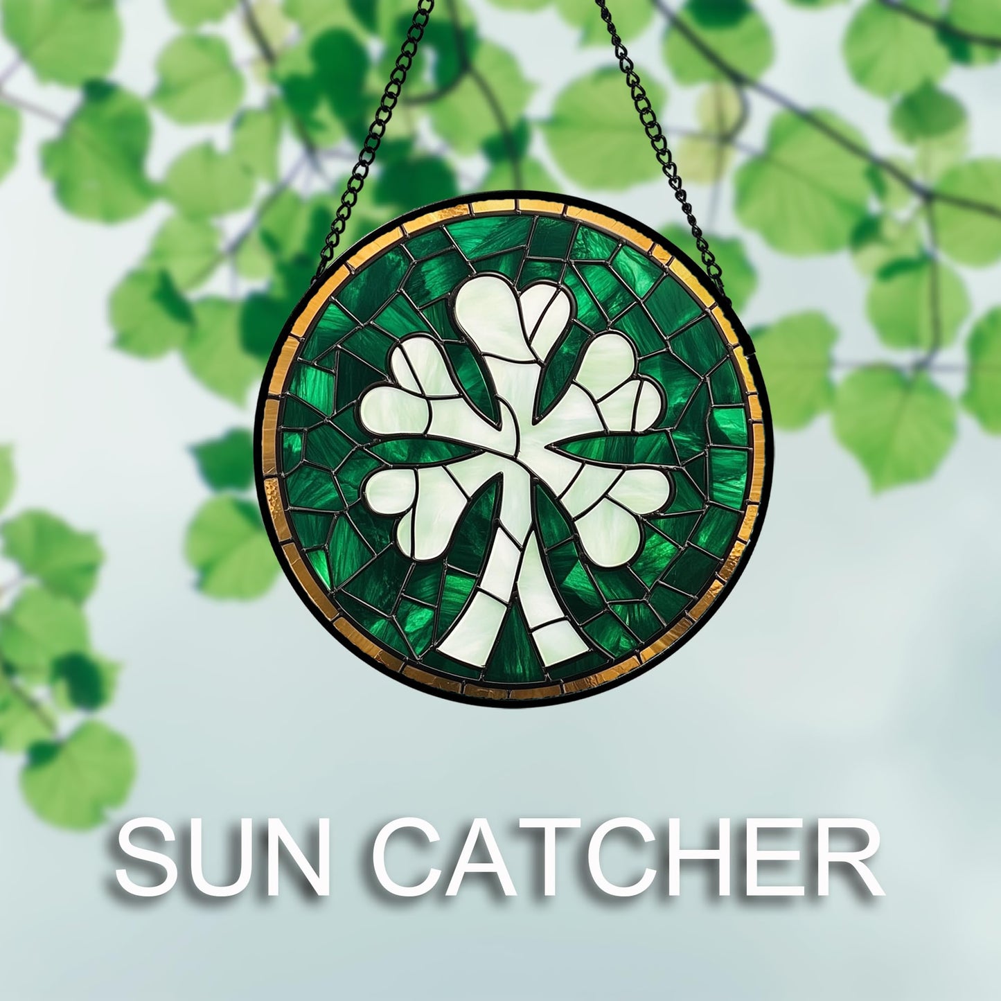 QZQCBLC Stained Glass Window Hanging Green Clover 6.3" - Suncatcher Door Garden Sun Catcher Home Ireland Decor Birthday Mother's Day St Patrick's Day Gifts for Mom Men Woman Wife Friend