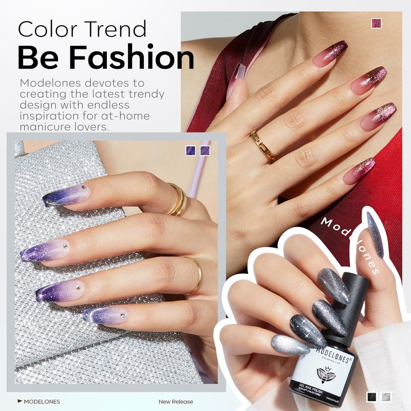 modelones Cat Eye Gel Nail Polish Set, 6 Colors Winter 9D Glassy Cat Eye Glitter Gel Polish Black Red Purple Blue Silver Brown Nail Polish with Magnet Soak Off LED DIY Salon Gift