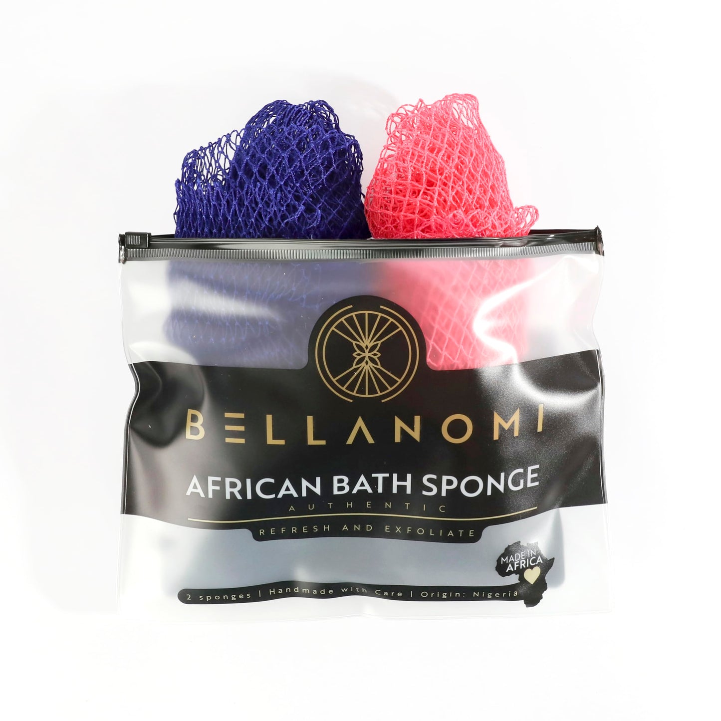BELLANOMI African Exfoliating Net Sponge 2-Pack Sapo – Authentic & Ethically Sourced, 45" Long Back Scrubber, Quick-Dry 100% Nylon, Gentle Exfoliation Great for Daily Use (Navy Blue & Pink)