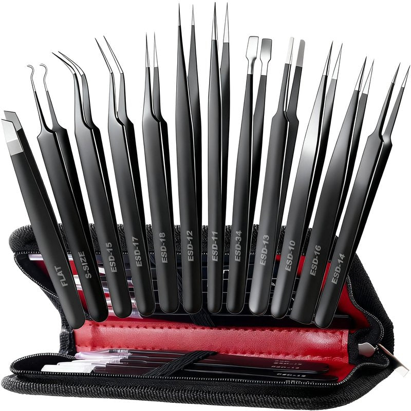 Antonki 12 Pack Precision Tweezers Set for Craft, Soldering, Jewelry, Facial Hair, Eyebrow, Ingrown Hair Removal, Eyelash Extension- with Case