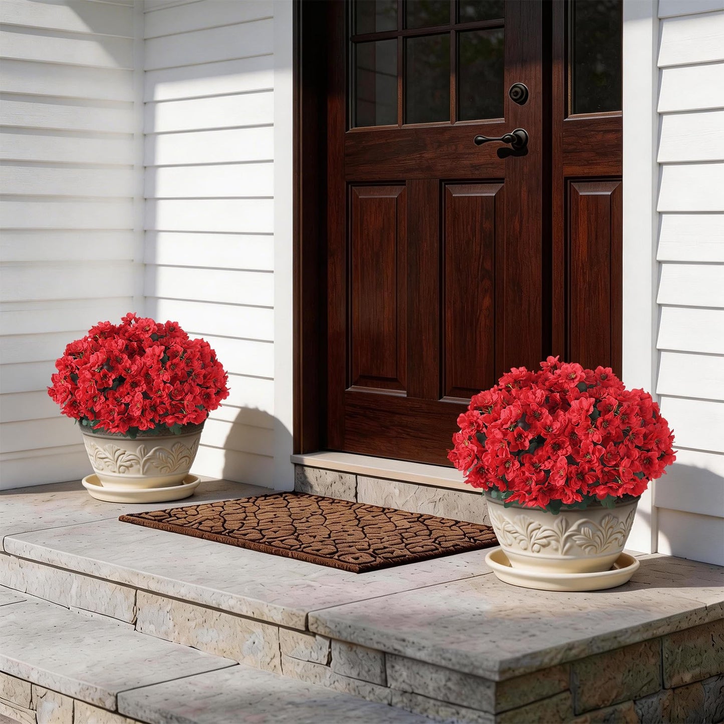 YXZZWL Set of 2 Artificial Azalea Flower Topiary Trees - Fake Silk Flower Potted Plants, Sun-Resistant Faux Outdoor Azalea Bushes for Front Door, Garden, Yard, Farmhouse Decor (Red)