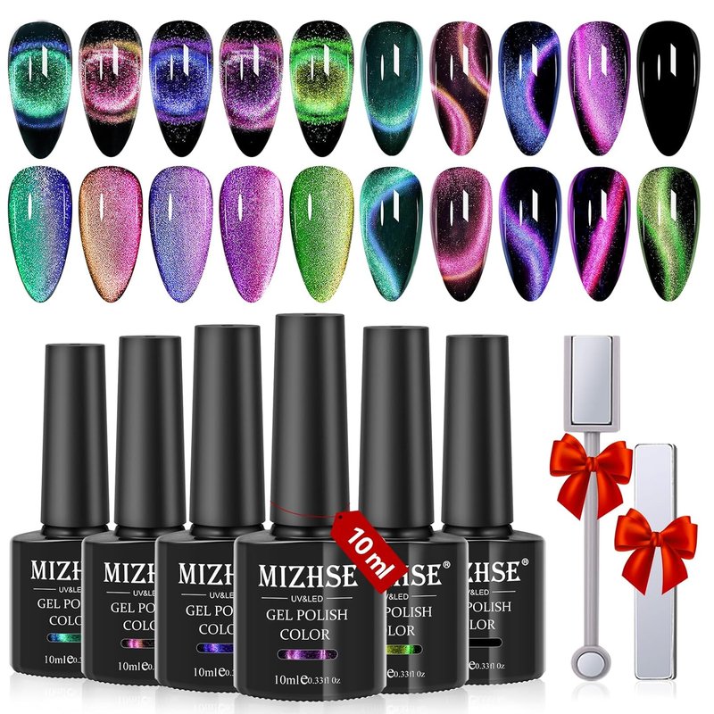 MIZHSE 9D Cat Eye Gel Nail Polish Set - Glitter Chameleon Magnetic Gel with Black & 2 Magnet Sticks