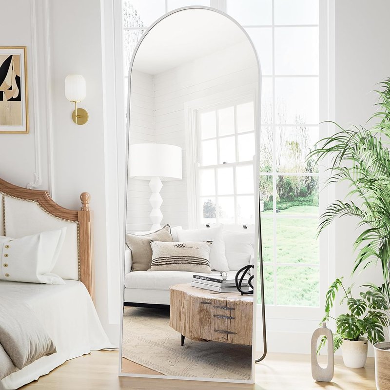 Arched Floor Mirror - 56"x20" Full-Length Standing Mirror | Aluminum Frame, Wall-Mounted or Leaning, White Finish