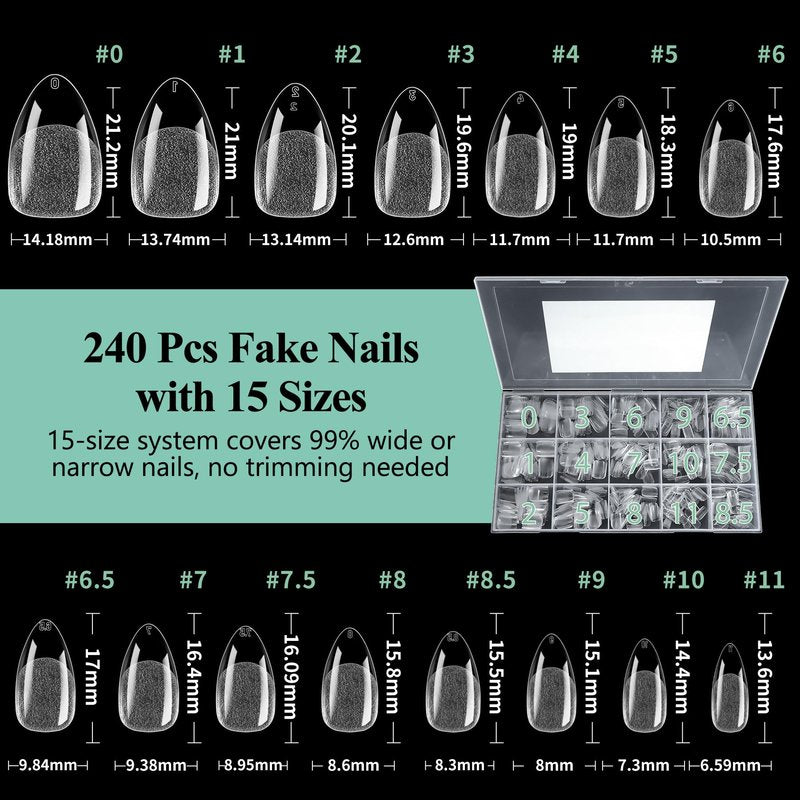 Leykosh Short Almond Nail Tips, 15 Sizes 240 PCS Clear Acrylic Soft Fake Nails Gel Nail Tips, Full Cover Pre-Shaped Matte Long Lasting Press on Nails Extension for DIY Beginners & Salon Manicure