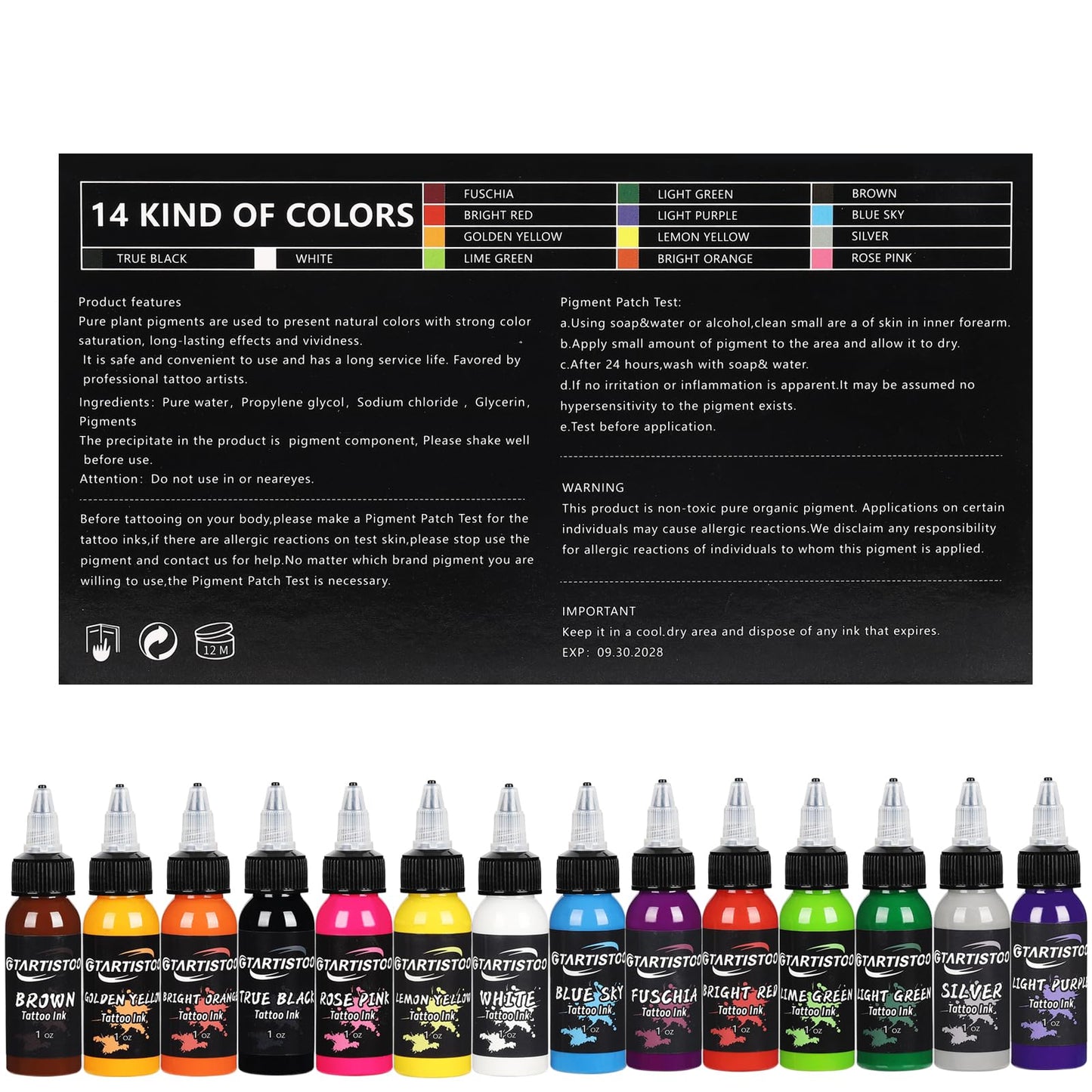 GTARTISTOO Professional Tattoo Ink Set 14 Colors 1OZ (30ml) Vegan-Friendly Pigment Tattoo Ink Supplies Ink