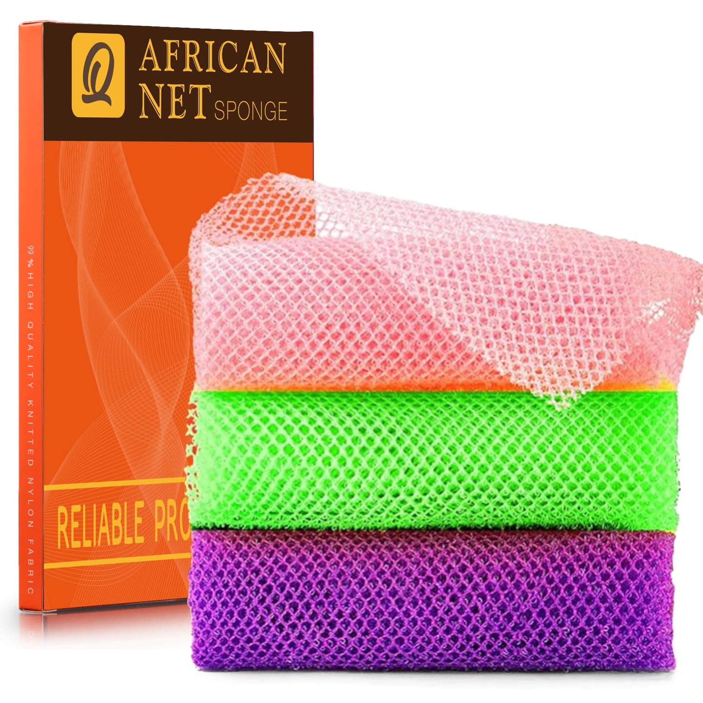 UJFQBH 3 Pieces African Bath Sponge African Net Long Net Bath Sponge Exfoliating Shower Body Scrubber Back Scrubber Skin Smoother,Great for Daily Use (Purple， Pink，Green)