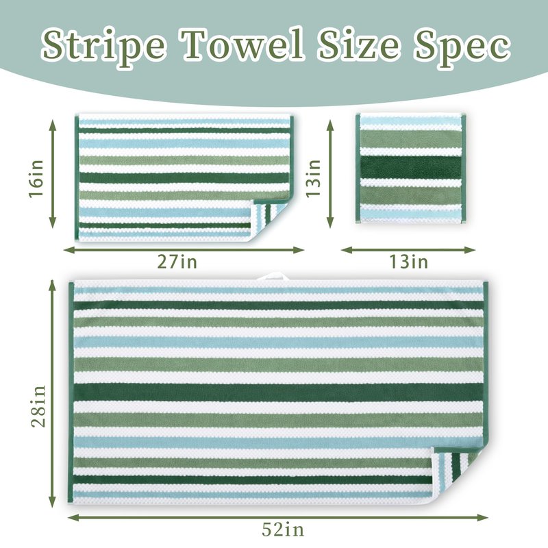 Green and White Washcloths (6PC, 13"x13") - 100% Cotton, Quick Dry, Thick&Absorb, Soft Washcloths for Bathroom & Showering, Striped Wash Cloths for Face & Body, Green Stripe and White Waffle/Checkered