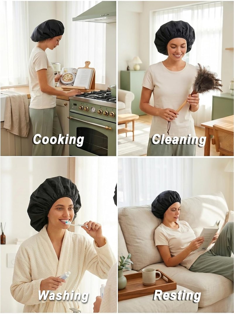 Auban Extra Large Shower Cap - Double-Layer Waterproof Bonnet for Thick, Long Hair | Black Satin Lining