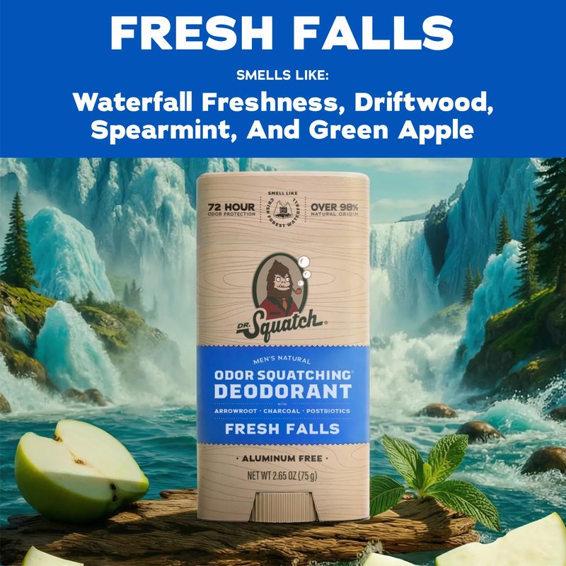 Dr. Squatch Natural Men’s Deodorant – Aluminum Free Natural Deodorant Men with Charcoal & Postbiotics for 72-Hour Odor Protection – Fresh Falls, 2.65oz Stick (3-Pack)