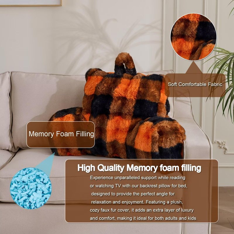Animebody Reading Pillows for Boyfriend Adult,Velvet Back Pillow Bed Wedge Large, Back Rest Support Cushion for Sitting Up in Bed/Couch for Bedrest 18inch-Orange-Black Grid Print