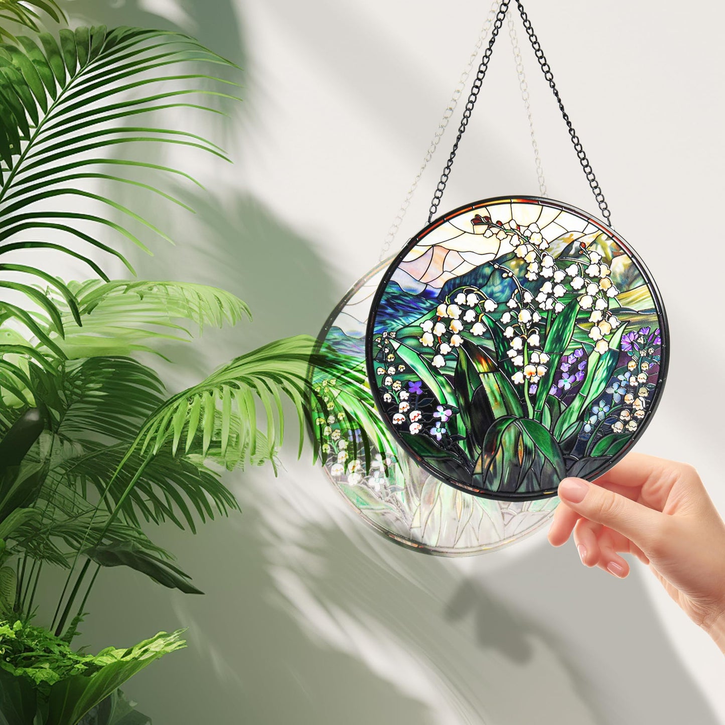 Staied Glass Window Hanging, White Green Lily Sun Catcher for Door Terrace Garden Kitchen Home Decor, Plants Flowers Suncatchers for Christmas Mother's Day Birthday Gift for Women Men Mom Nana 9.8 in