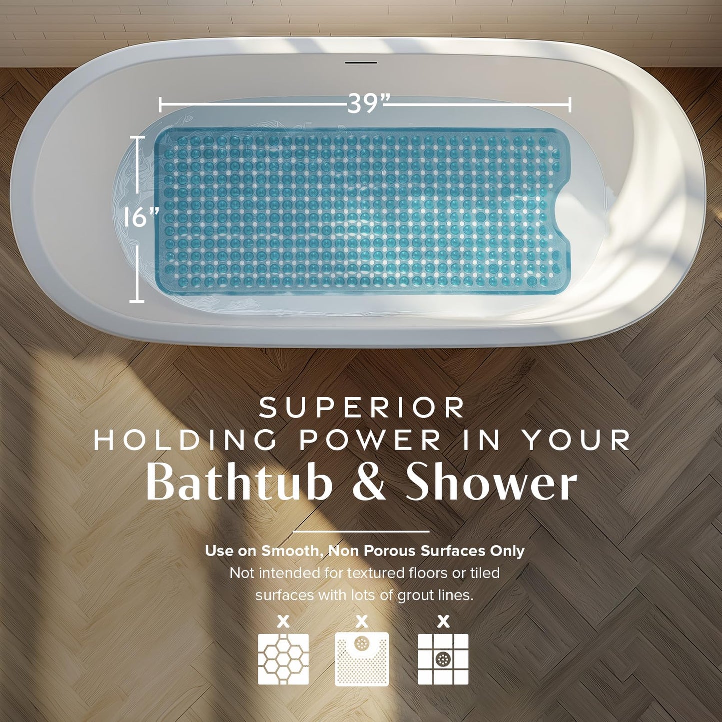 SlipX Solutions Power Grip 39x16 Bathtub & Shower Mat | Premium Non-Slip Bath Safety | Clear Aqua