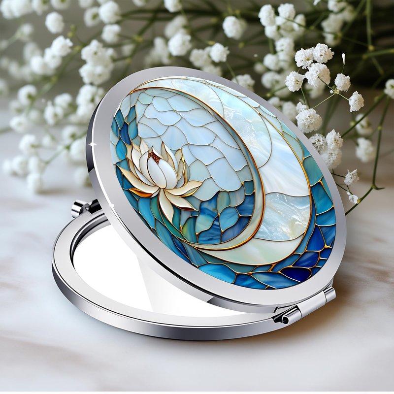 Silver Compact Mirror, 2.8x2.8inch Double-Sided Folding Makeup Mirror with Blue Lotus Moon Design, Ideal Gift for Women